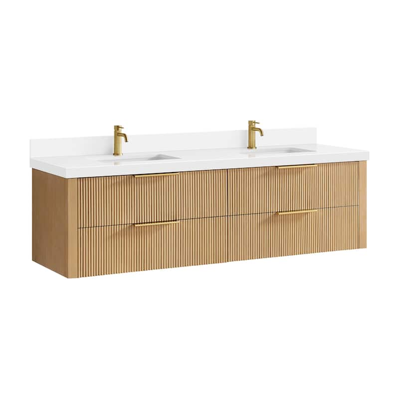 Barcelona Floating Bath Vanity with Quartz Stone Top without Mirror - 72" - Washed Ash Grey