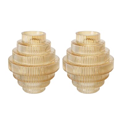 Rae Set of 2 Glass Vases, Geometric Round, Amber Yellow and Clear Finish
