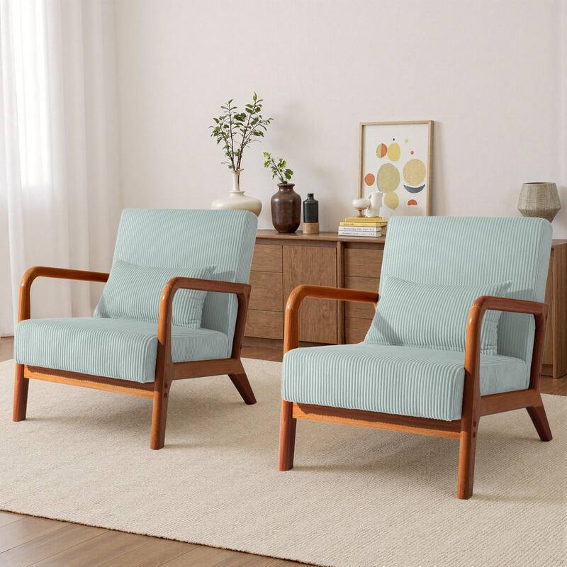 25" W Mid Century Upholstered Wood Accent Chair with Pillow set of 2 - Dark Wood - Light Blue