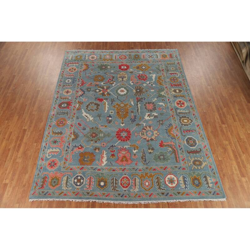 All-Over Blue Oushak Oriental Area Rug Hand-Knotted Wool Carpet - 9'2"x 11'11"