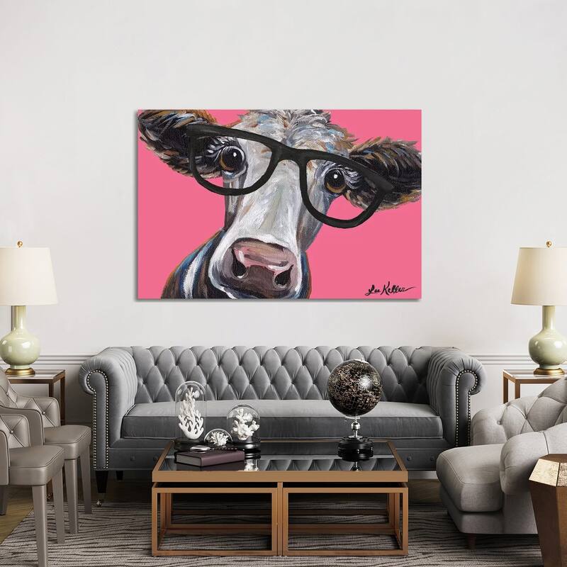 iCanvas "Cora The Cow With Glasses On Pink" by Hippie Hound Studios Canvas Print