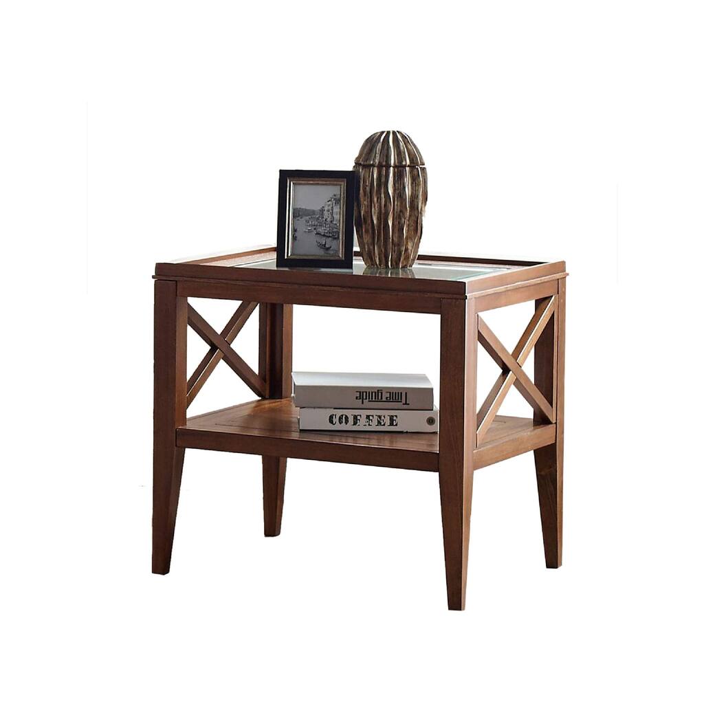 26 Inch End Table with Tapered Legs, Glass Top, Wood, Brown