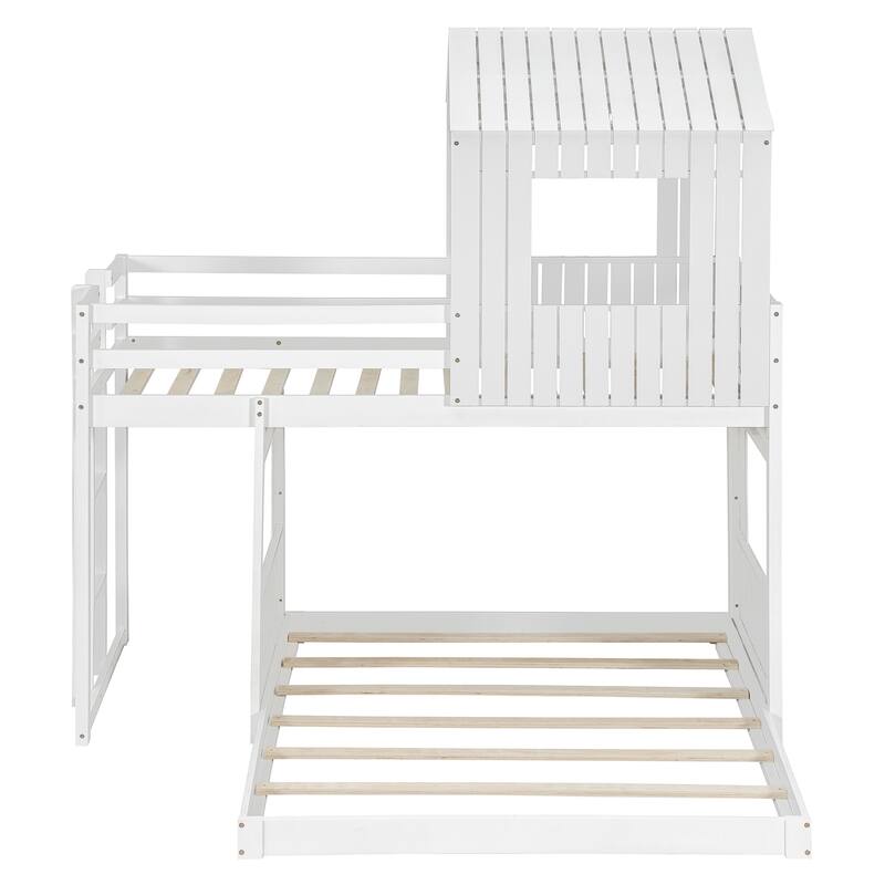 Wooden Twin Over Full Bunk Bed with Playhouse Design, Loft Bed with Ladder and Guardrails, Farmhouse Style