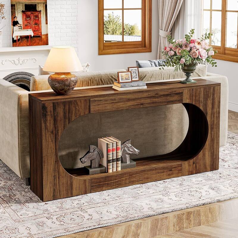 63" Farmhouse Console Table with Scalloped Edge for Living Room and Hallway