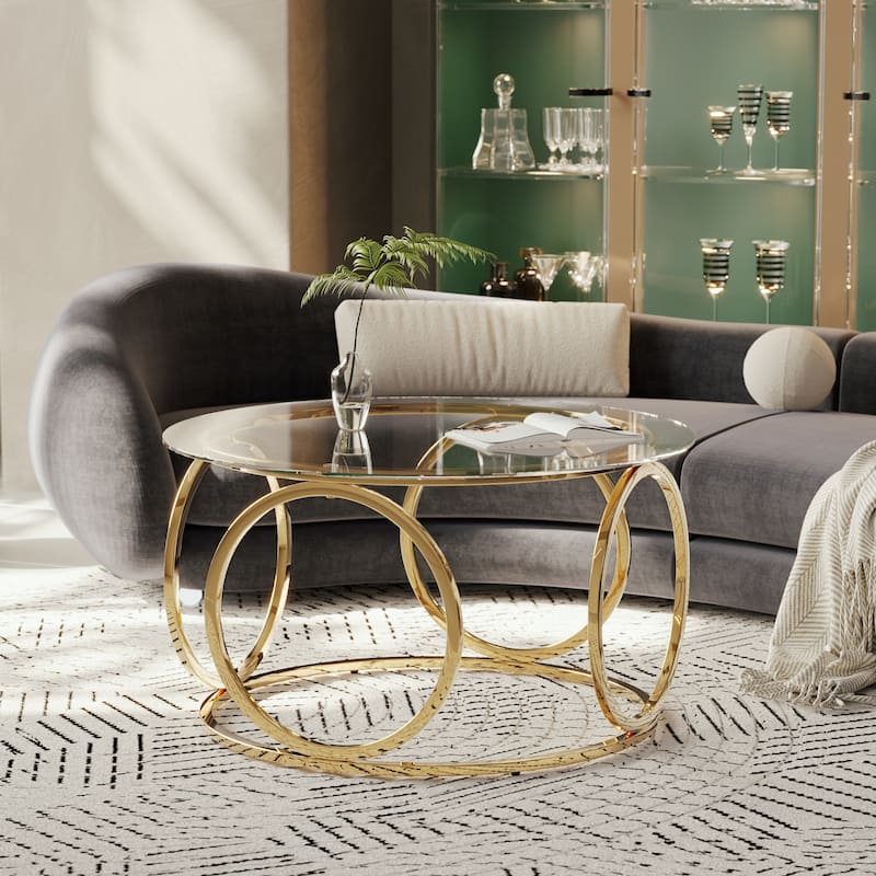 31.5" Modern Round Glass Top Coffee Table with Circular Metal Frame