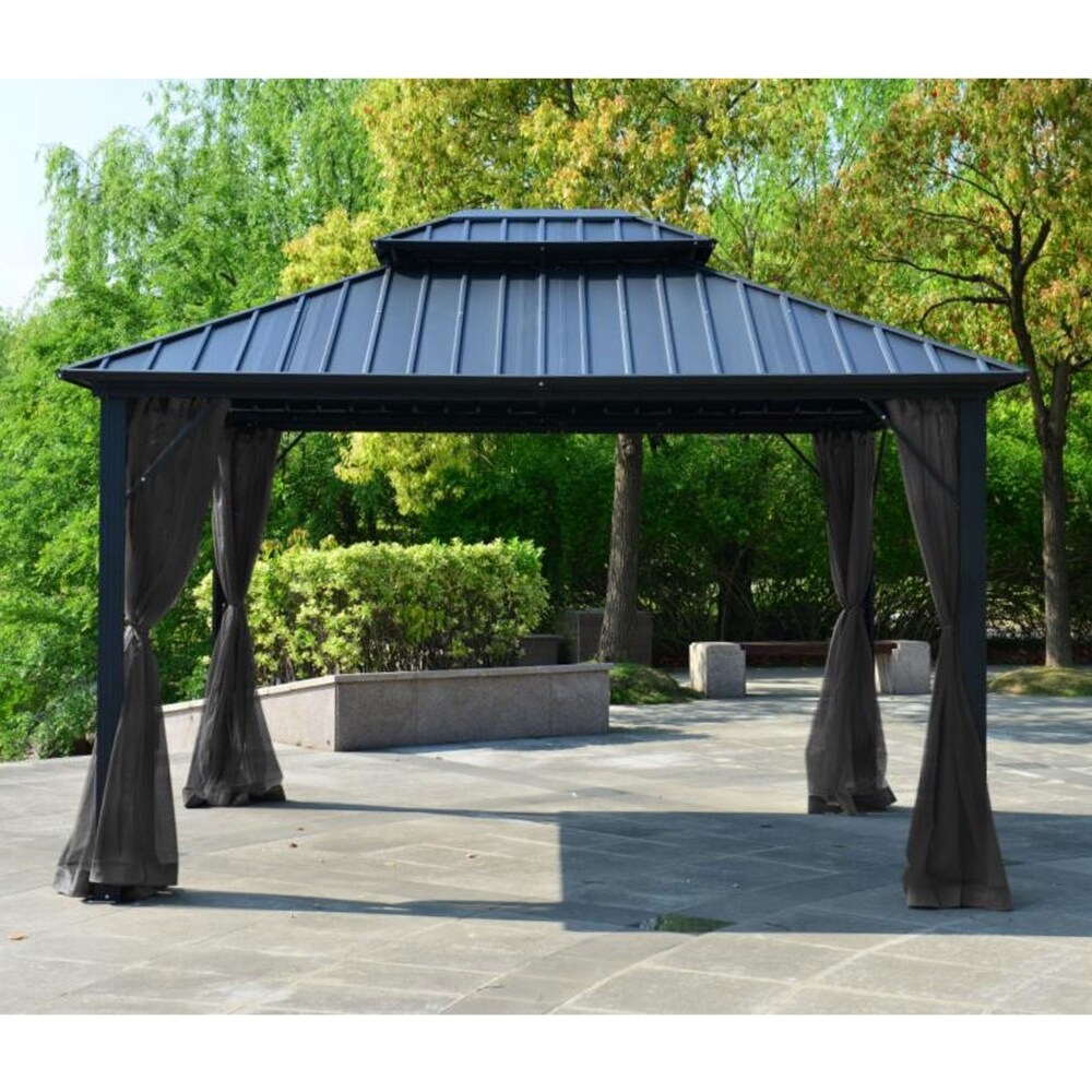 Aleko Double Roof Aluminum And Steel Hardtop 12 X 10 Ft Gazebo With Mosquito Net Overstock 28093548