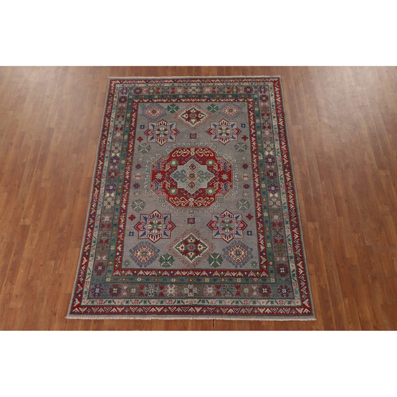 Geometric Kazak Area Rug Handmade Oriental Grey Wool Carpet - 5'6" x 7'9"