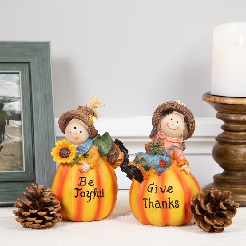 Set of 2 Girl and Boy Scarecrows on Pumpkins Fall Figurines 6"
