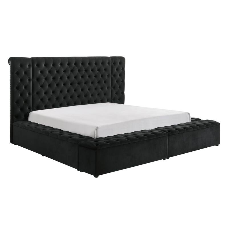 Queen Size Velvet Upholstered Storage Bed with Tufted Headboard and Concealed Storage Compartments