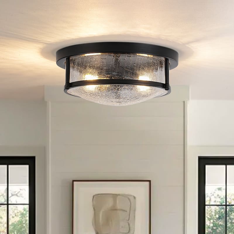 Modern 2-Light Crackle Textured Glass Flush Mount Ceiling Light 11.8in