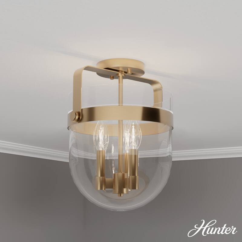 Hunter Karloff Clear Glass 3 Light Flush Mount Ceiling Light - Rustic, Industrial, Transitional - Alturas Gold