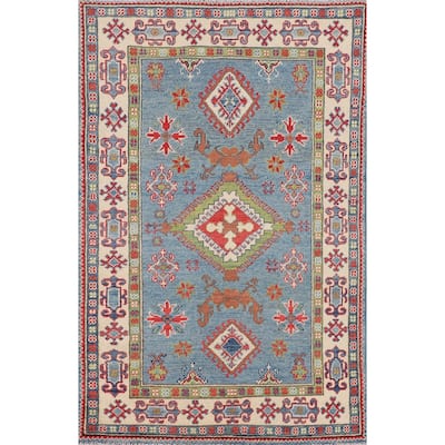 Light Blue Geometric Kazak Rug Hand-Knotted Wool Carpet - 3'3" x 4'11"