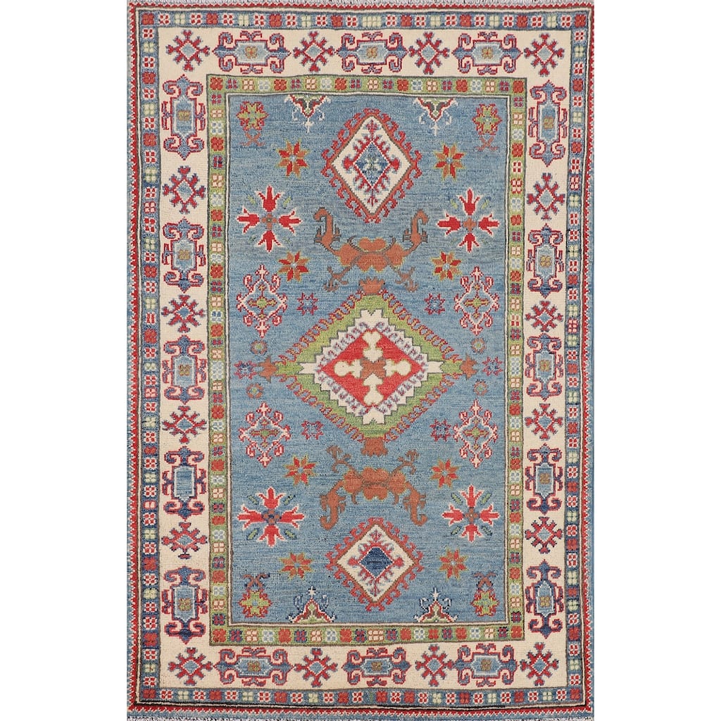 Light Blue Geometric Kazak Rug Hand-Knotted Wool Carpet - 3'3" x 4'11"