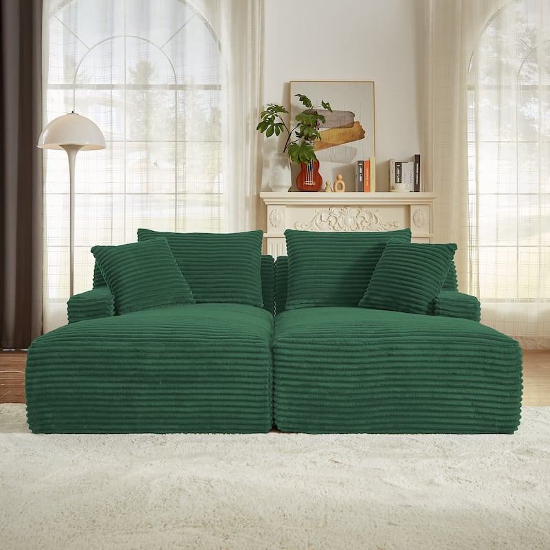 Modern Sleeper Loveseat Sectional Sofa Corduroy Double Chaise Lounge - Green