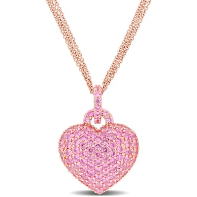 Miadora 3 1/2ct TGW Created Pink Sapphire Heart Pendant with Triple-Strand Chain in Rose Silver