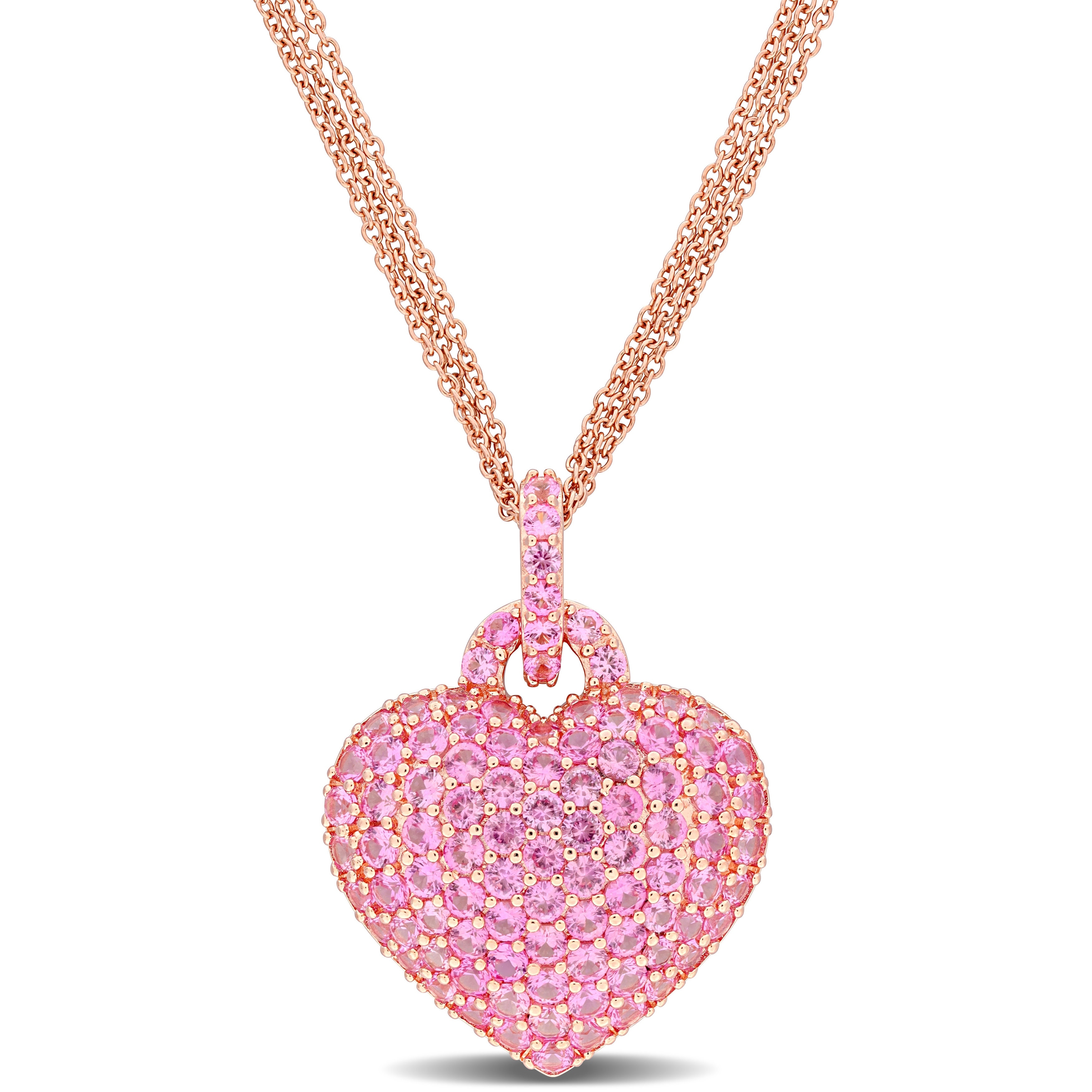 Miadora 3 1/2ct TGW Created Pink Sapphire Heart Pendant with Triple-Strand Chain in Rose Silver