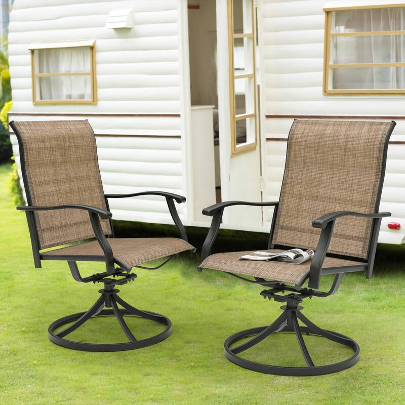 Brown Swivel Textilene and Iron Outdoor Patio Chairs with Powder-coated Finish