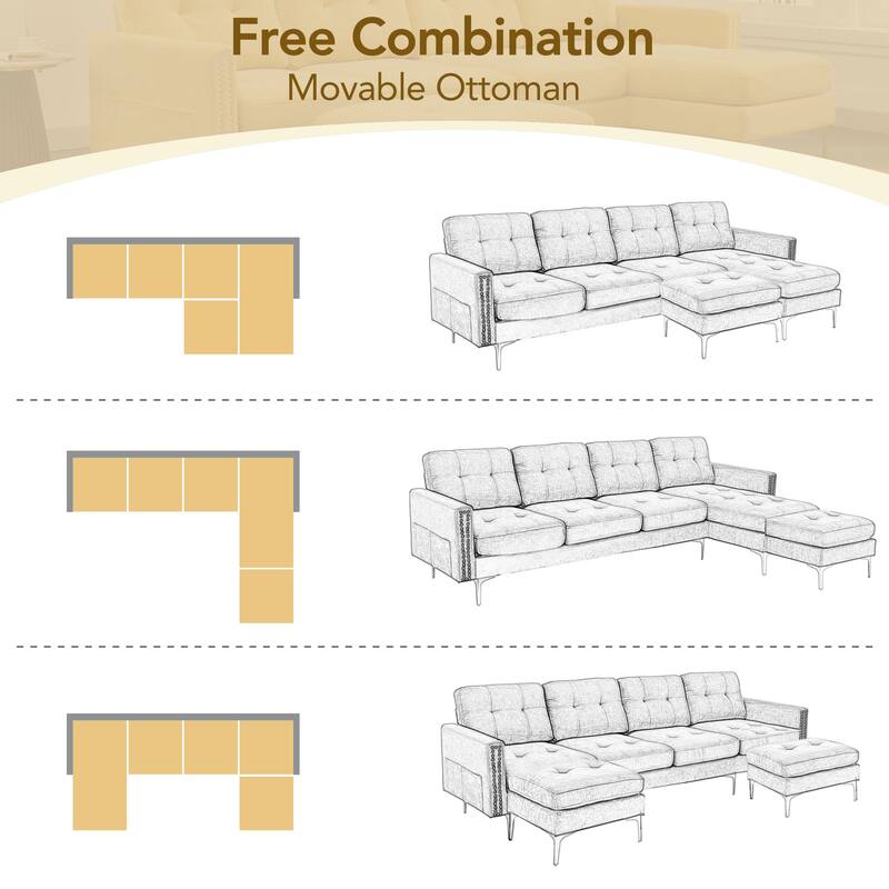 Convertible L-Shaped Velvet Sectional Sofa with Movable Ottoman and Gold Metal Legs for Living Room