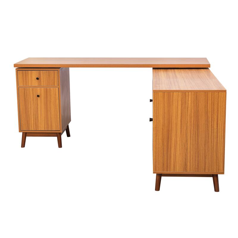 66.5" Large Office Desk with Drawers, Modern L-shaped Desk with Delicate Tempered Glass Cabinet Storage, Business Desk