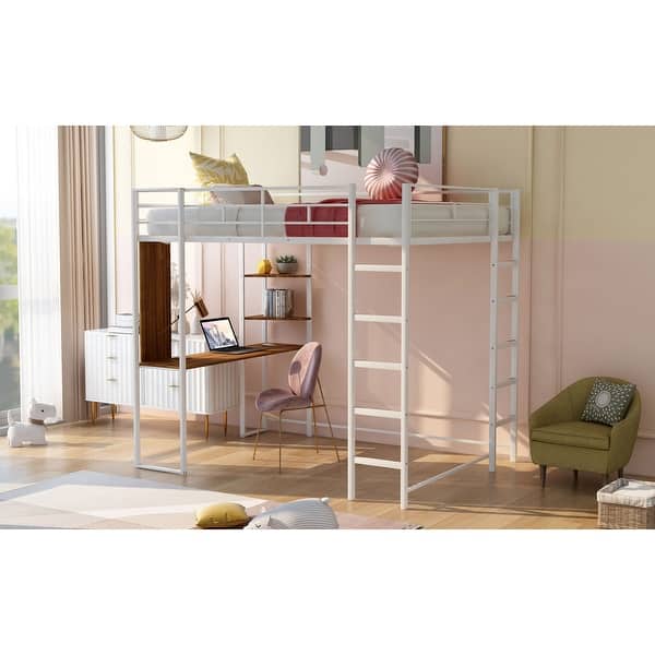 slide 2 of 43, Full Size Metal Loft Bed with Desk & Shelves - Space-Saving Kids' Design