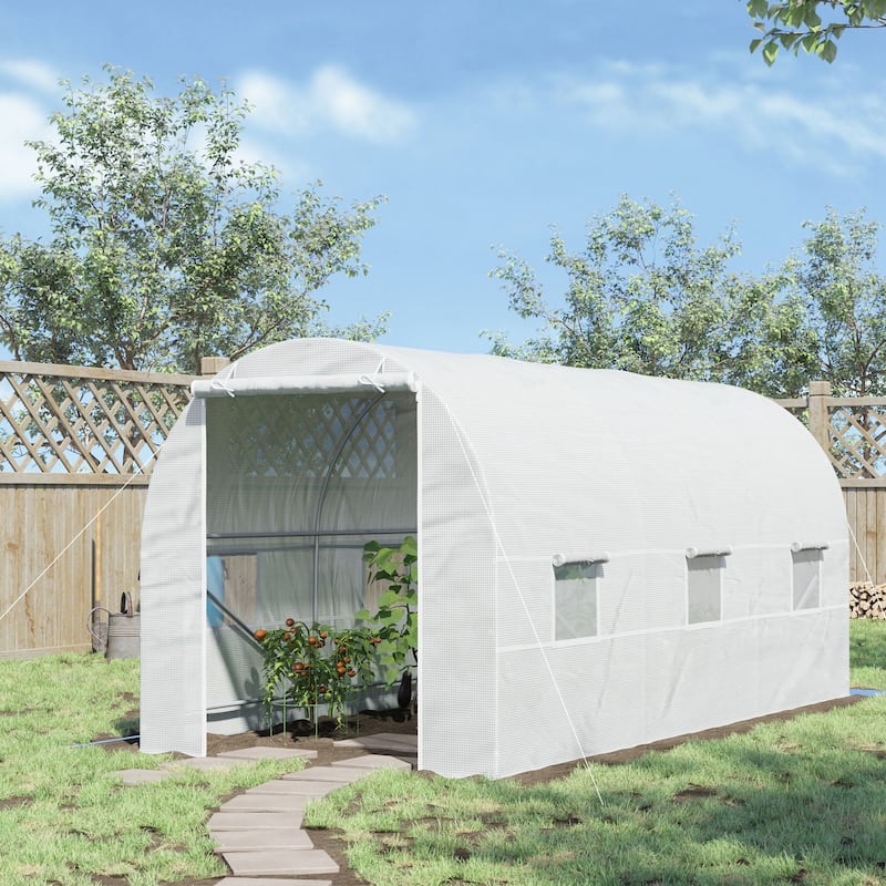15ft x 7ft Walk-In Tunnel Greenhouse with Roll-Up Windows & Door, Steel Frame, White