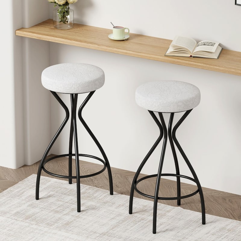 Modern Backless Bar Stools Set of 2, Round Upholstered Counter Stools - Black & White