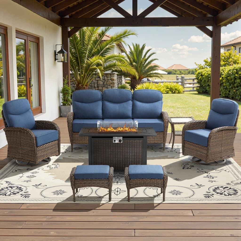 Luna 7-Piece Wicker Outdoor Patio Fire Pit Sofa Set with 6-Inch Thick Cushions