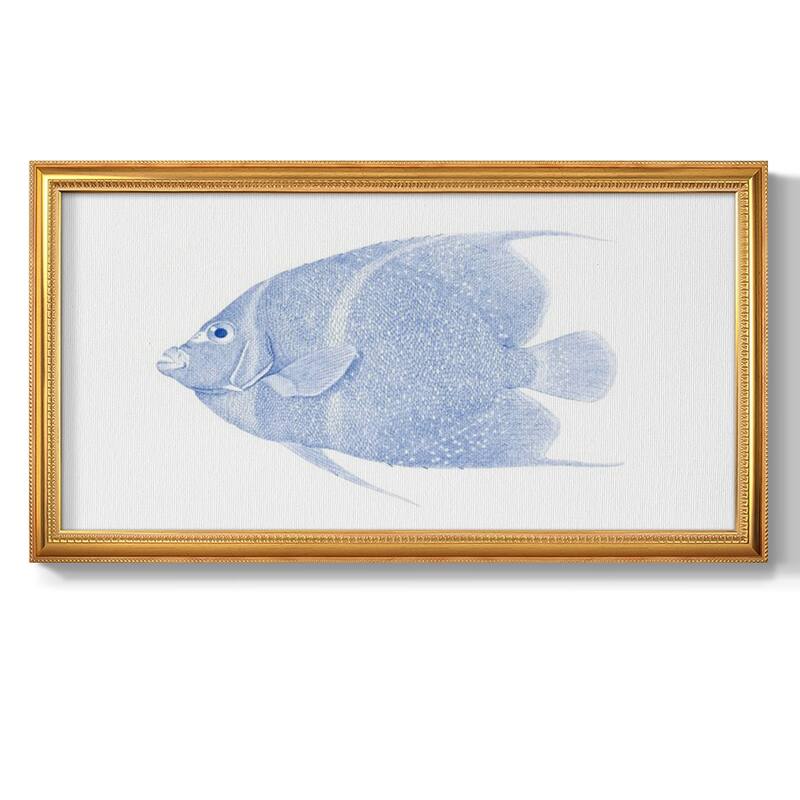 Blue & White Tropical Fish V Premium Framed Canvas- Ready to Hang - 18x34 - Bronze