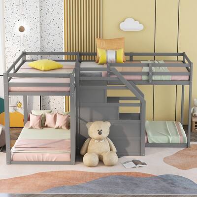Twin over Twin L-Shaped Bunk Bed with Built-in Middle Staircase