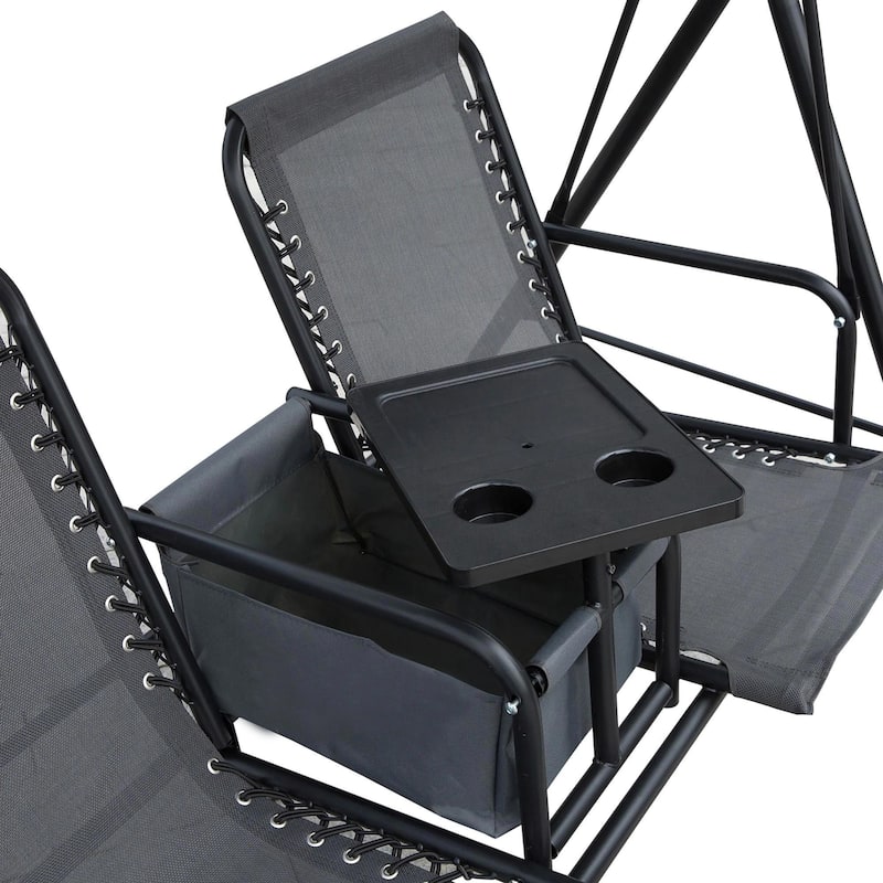 2-Seater Porch Swing with Pivot Table, Cup Holder, Adjustable Canopy