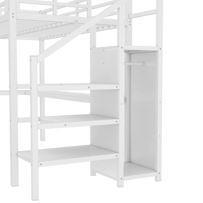 Roomfitters Full/Twin Size Metal Loft Bed with L-Shaped Desk, USB Ports, LED Lighting & Adjustable Shelves, White