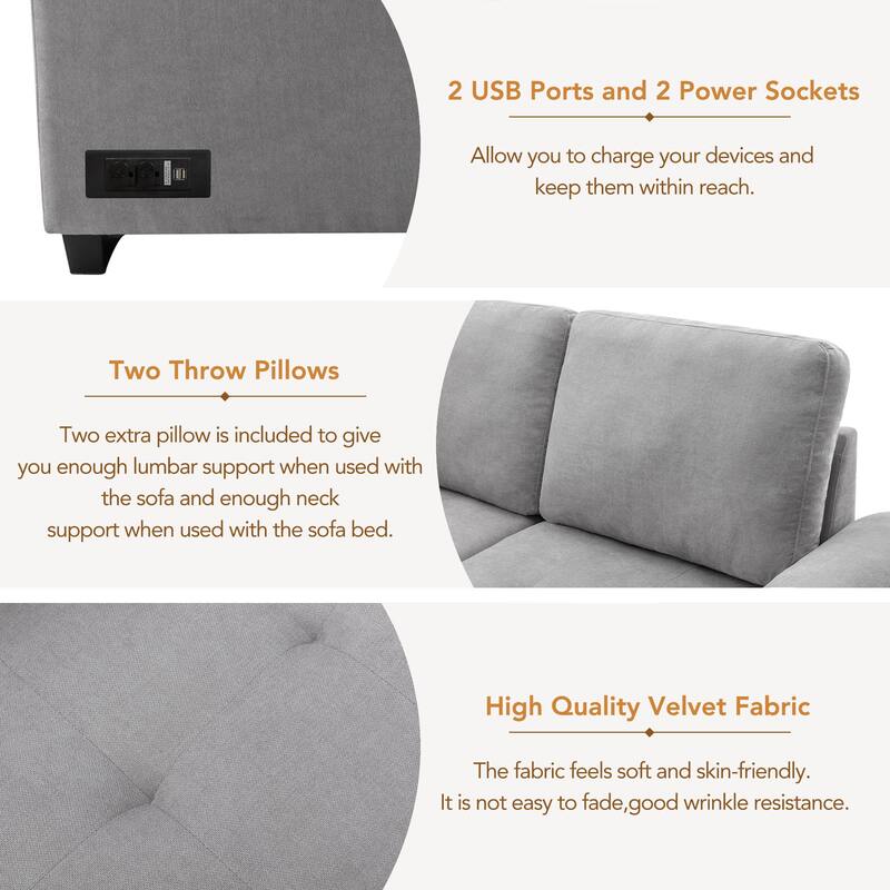 84.75" Velvet L-Shaped Sectional Sofa with Storage Ottoman, USB & Hidden Storage