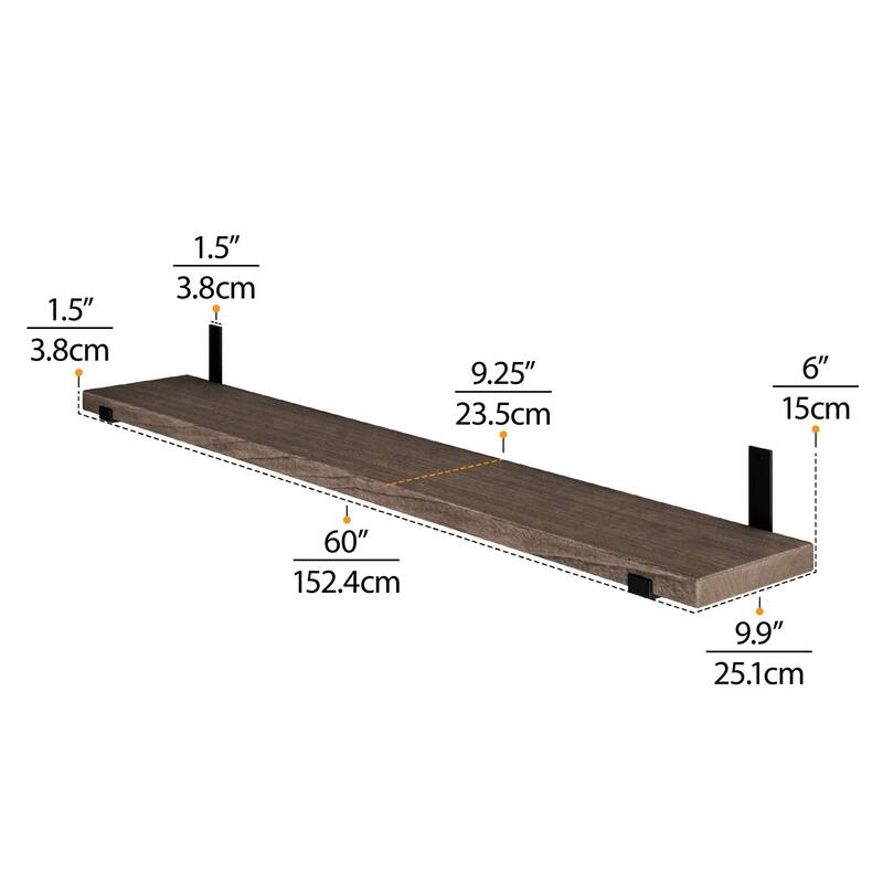 Wallniture Forte Wood Board 60" Long, 9.25'' Deep, 1.5" Thick, Floating Bookshelf for Wall with Metal Brackets, Farmhouse, 1pc