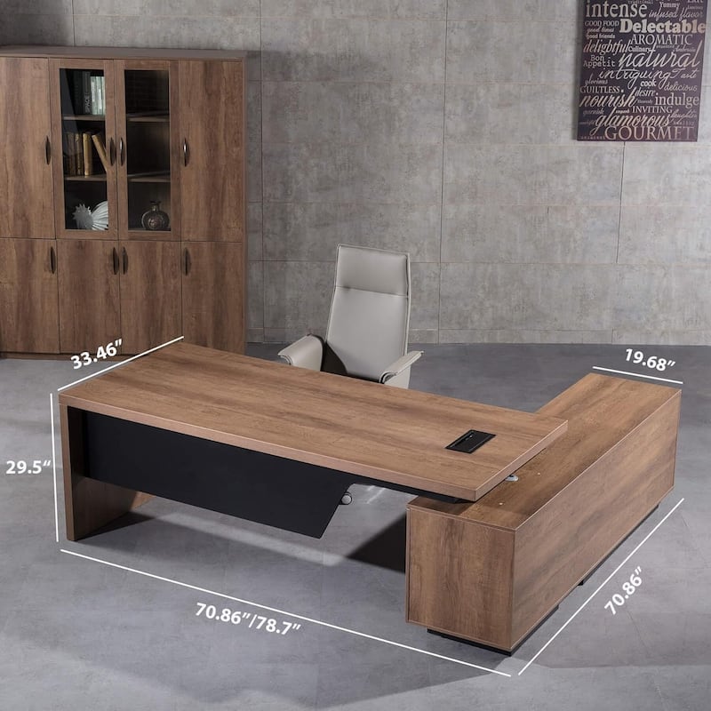 WESOME Retractable L-Shaped Executive Desk with Cable Management Drawers and Lateral File Cabinet