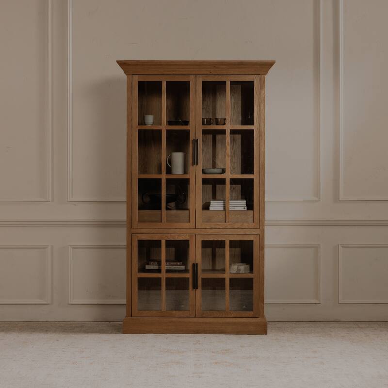 NADAAL STUDIOS Virelle Tall Cabinet, Glass Front with Molding Detail and Solid Oak Frame, Natural