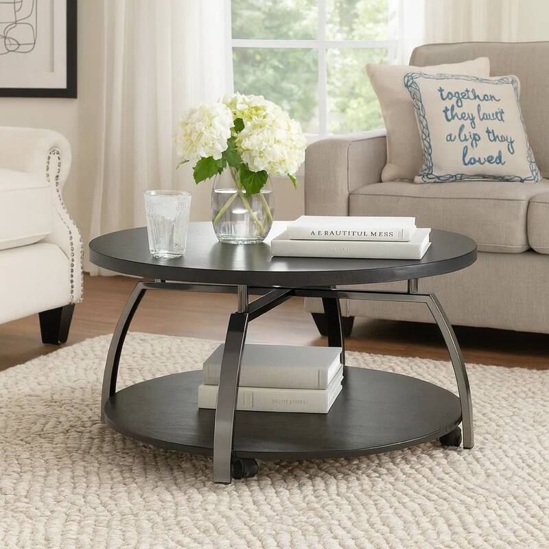 Dyn 35 Inch Round Coffee Table, 1 Shelf, Grayish Black Top, Gray Metal Leg