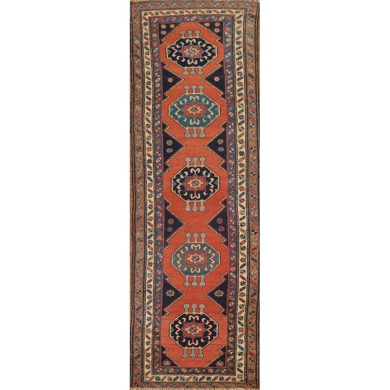 Orange Geometric Bakhtiari Vintage Persian Wool Carpet - 3'0" x 12'1"