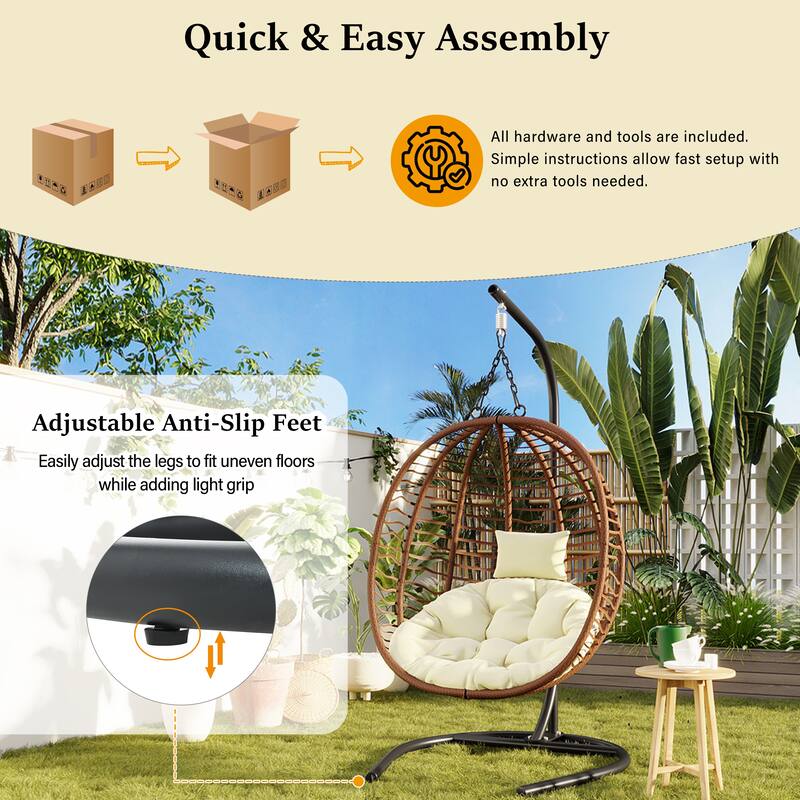 Single Person Folding Egg Chair Hanging Egg Chair with Stand, Wicker Hammock Swing Chair with Adjustable Anti-Slip Feet