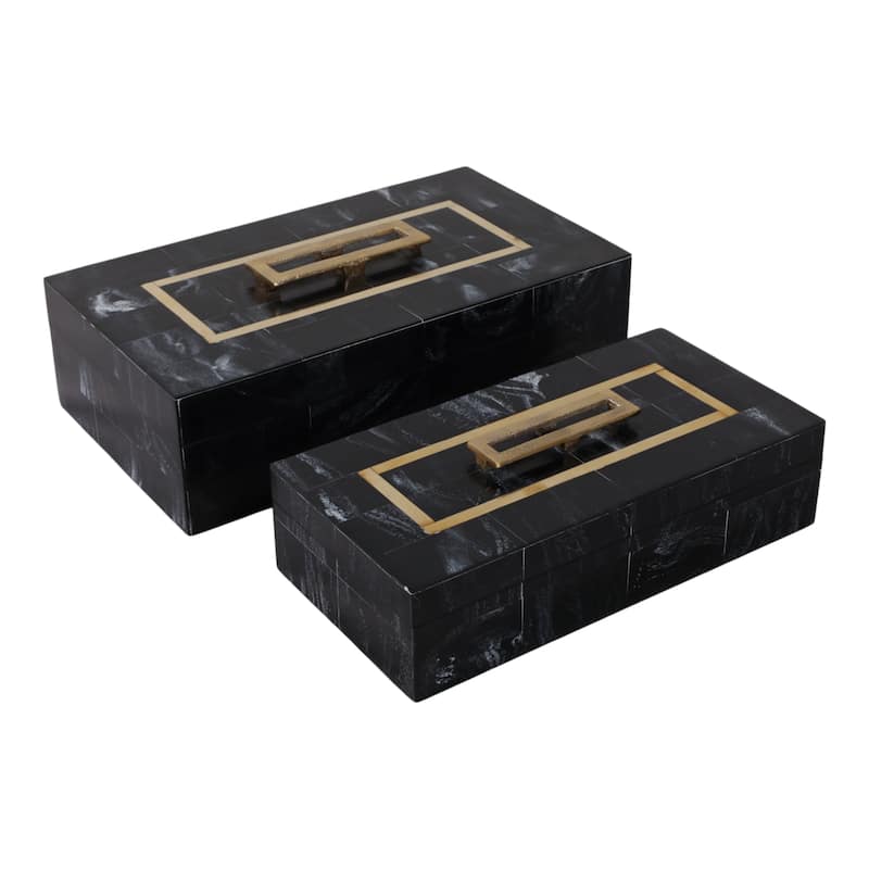 Resin Wood Decorative Storage Boxes (Set of 2) - 5" & 4" Black, Gold - 14" x 8" x 4.5" - Black - 14" x 8" x 4.5"