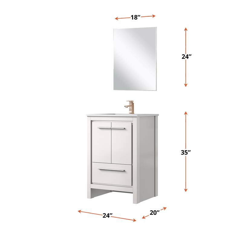 24 in. White Vanity with Quartz Top, Rose Gold Faucet, and 18 in. Mirror - Bathroom Storage Cabinet with Soft-Close Doors