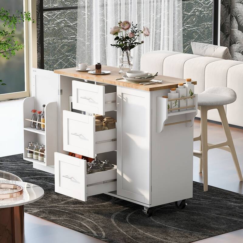 Rubberwood Kitchen Cart with Internal Storage Rack, Spice Rack, 2 Slide-Out Shelf, and 3 Drawer