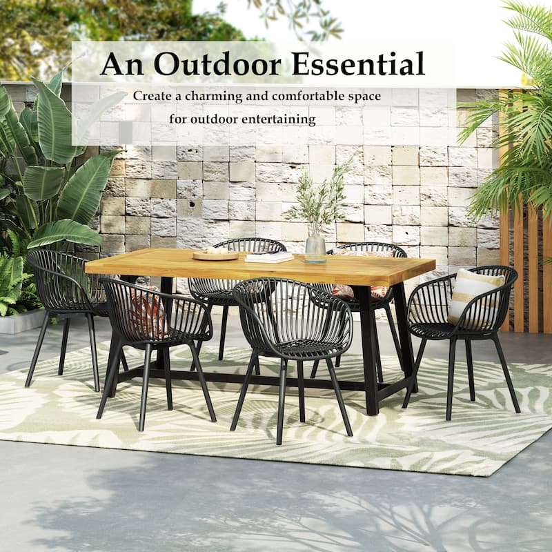 Patricia Outdoor 7-Piece Dining Sets Acacia Wood Table with Polypropylene Accent Chairs by Christopher Knight Home - Black