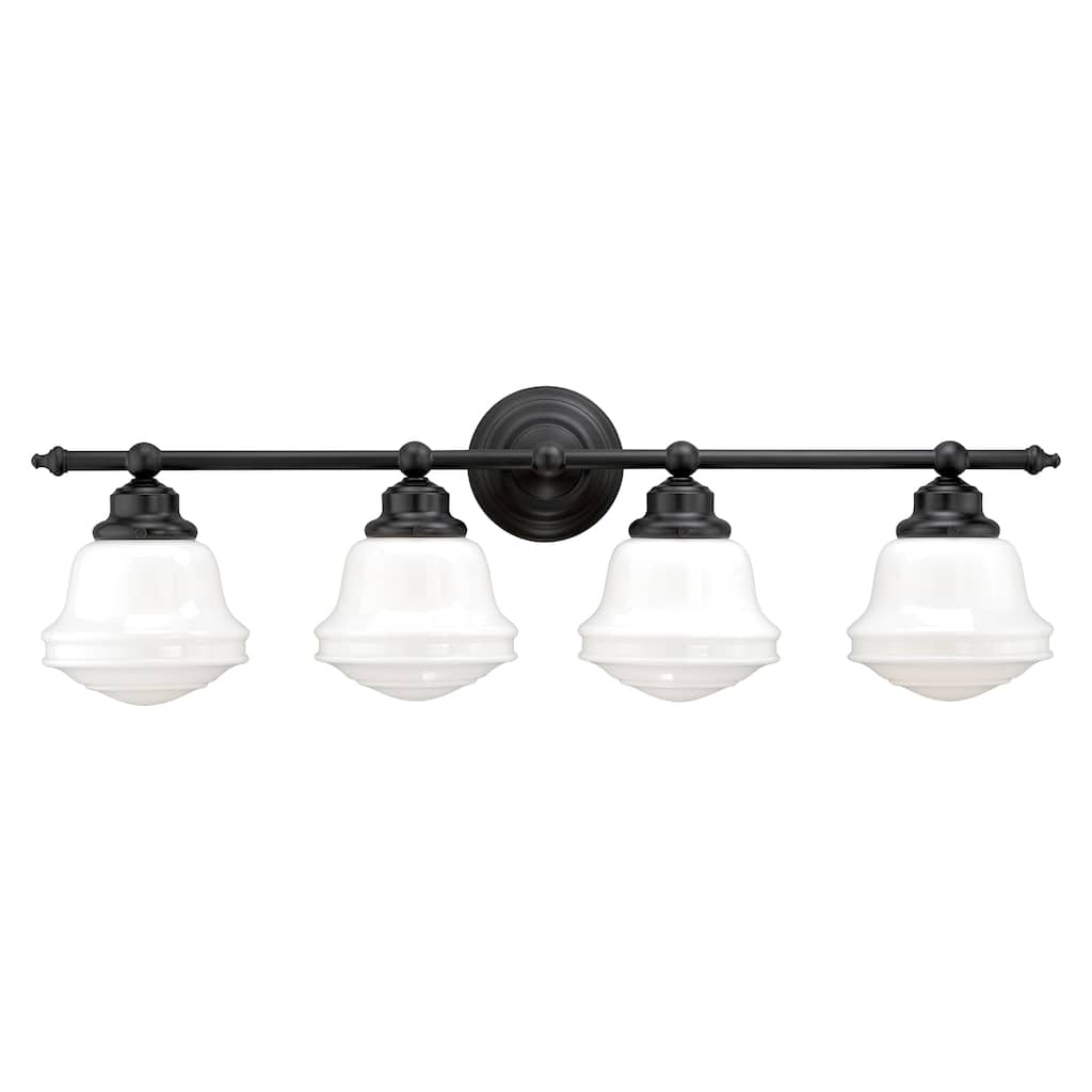 Huntley 4-Light 32 in. W Oil Rubbed Bronze Bathroom Vanity Lighting Fixture, White Schoolhouse Milk Glass Globe Shade, Dimmable