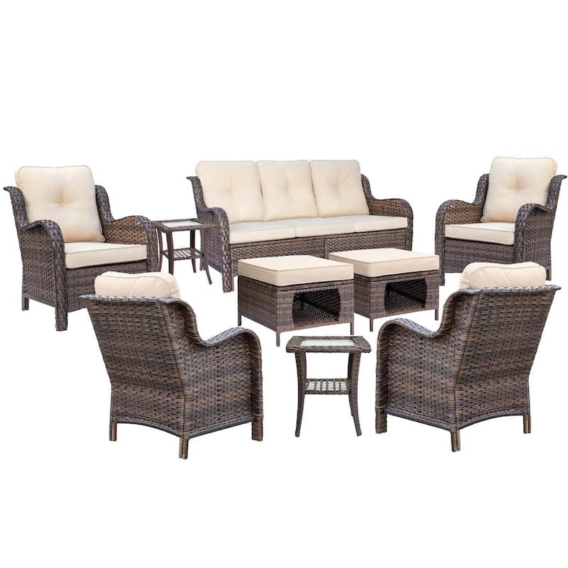 Outdoor Brown Wicker Patio Furniture Seating Sets with Beige Cushions