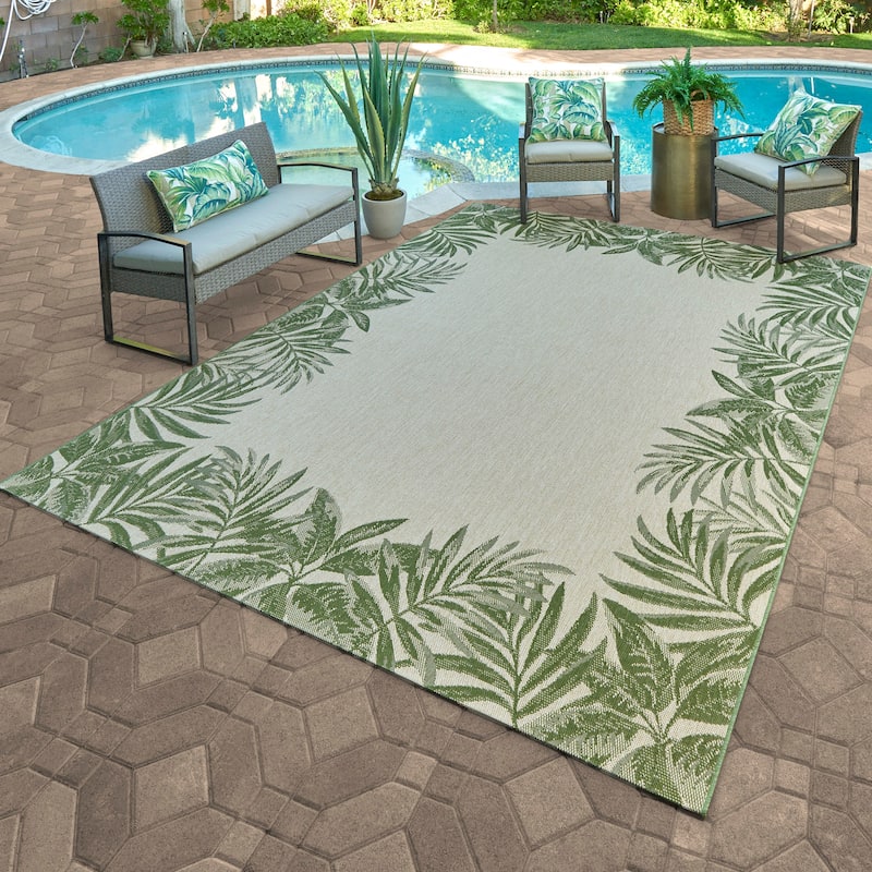 Gertmenian Solterra Nautical Coastal Tropical Weather Resistant Polypropylene Flatweave Indoor/ Outdoor Area Rug Collection - Isola Palm - 6'6"x9'6"
