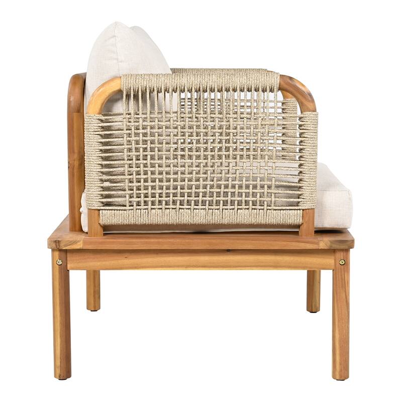 Roomfitters Outdoor Acacia Wood and Rope Club Chairs with Cushions, Teak+Beige