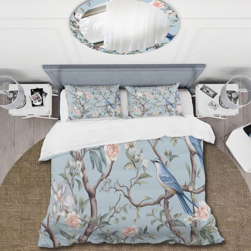 Designart "Chinoiserie With Birds and Peonies XI" Grey Traditional - Bedding Set With Shams