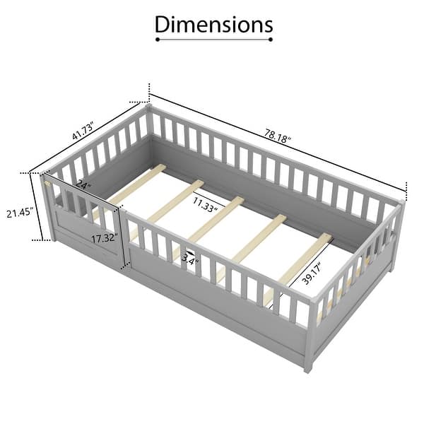dimension image slide 0 of 5, Pine Wood Floor Bed with Full-length Guardrail and Door for Kids, Adults