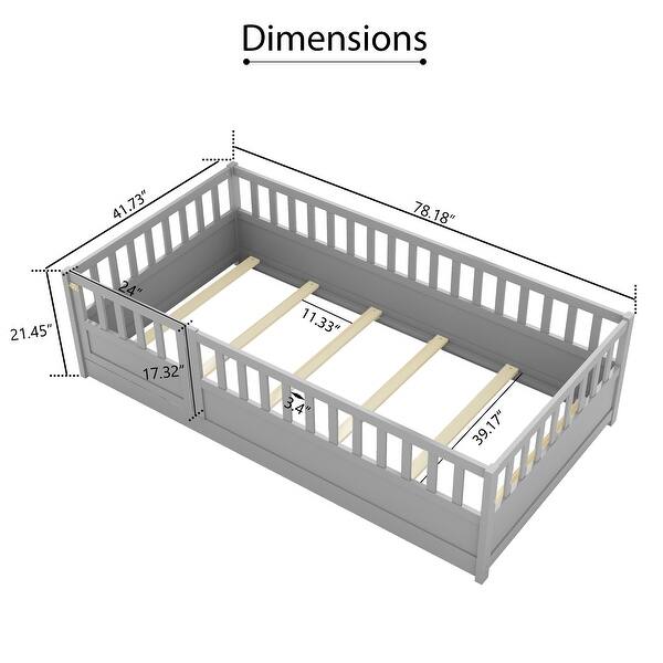 dimension image slide 1 of 3, Twin Size Pine Wood Floor Bed with Full-length Guardrail