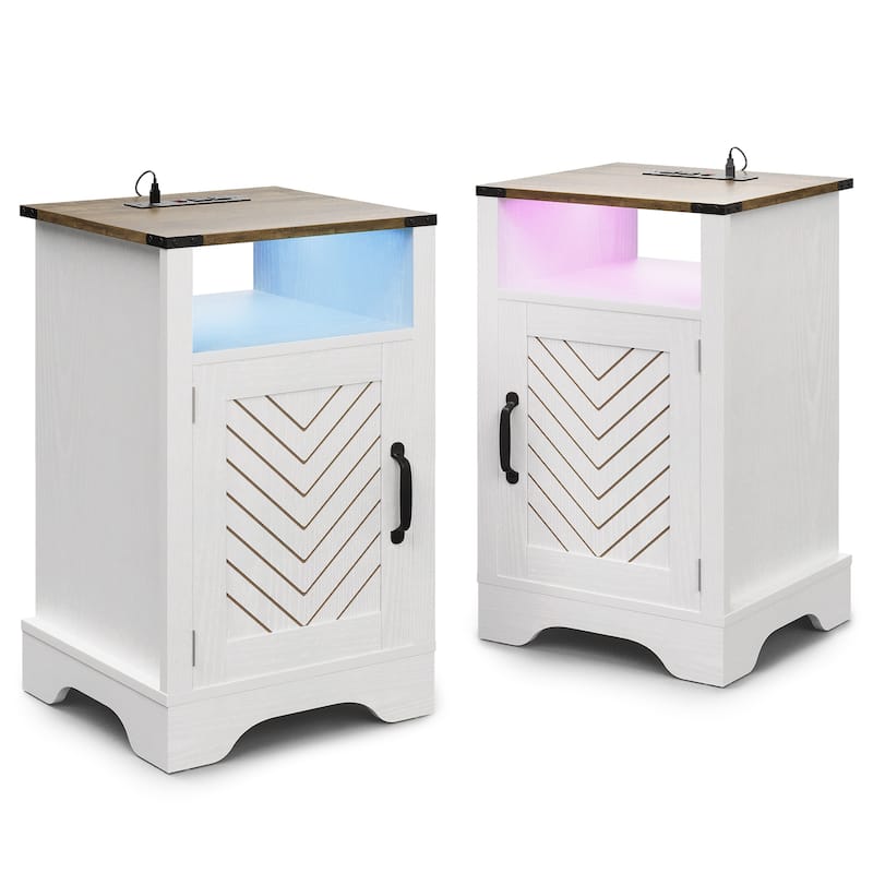 Farmhouse Nightstand Set of 2 With LED Lights and Charging Station